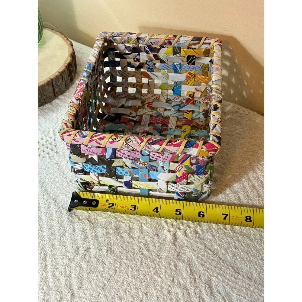 Handwoven Recycled Magazine Paper Basket Colorful Woven Storage Bin Eco Friendly